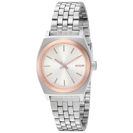 Nixon Women's Watch - Small Time Teller Rose Gold Bezel Silver Tone Case | A3992632 ,