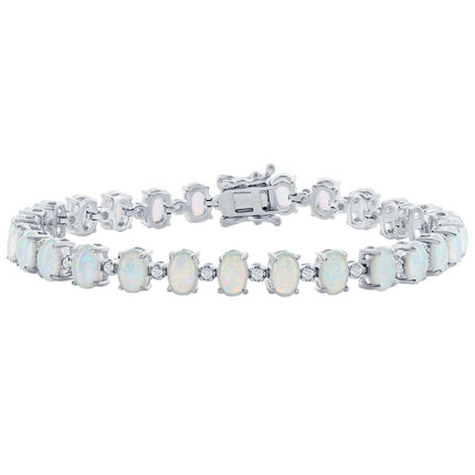 Opalata Women's Bracelet - Silver Alternating Oval White Opal and CZ Tennis | T-8089 ,