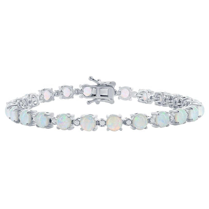 Opalata Women's Bracelet - Silver Alternating Round White Opal and CZ Tennis | T-8088 ,