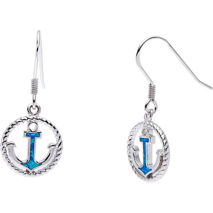 Women's Earrings - Open Rope Circle and Center Large Blue Opal Anchor | D-5489 ,