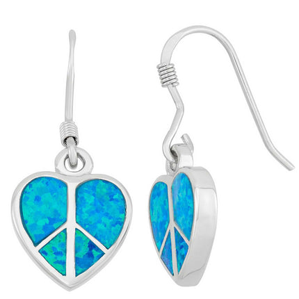 Women's Earrings - Sterling Silver Blue Inlay Opal Peace Sign Heart | D-3874 ,