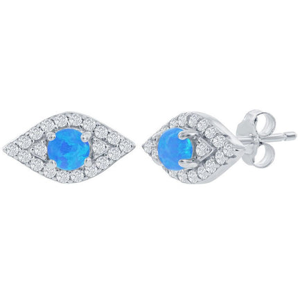 Women's Earrings - Sterling Silver Blue Opal and CZ Evil Eye Stud | D-8348 ,
