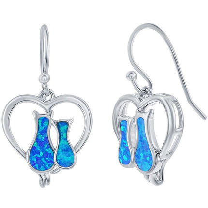 Opalata Women's Earrings - Sterling Silver Blue Opal Cats in a Heart Shape | D-7937 ,