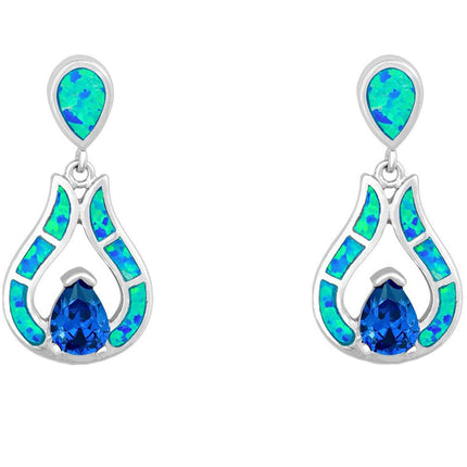 Women's Earrings - Sterling Silver Blue Opal Teardrop with Center CZ | D-5192 ,