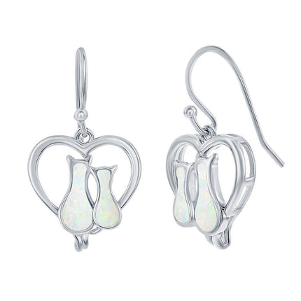 Women's Earrings - Sterling Silver Opal Cats in a Heart Post Back | D-8174 ,