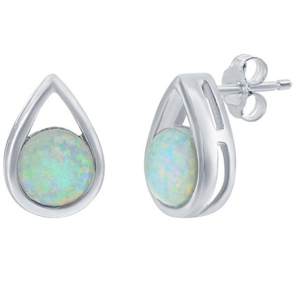 Opalata Women's Earrings - Sterling Silver Pearshaped with Round Opal Stud | D-8167 ,