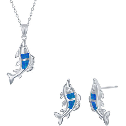Women's Necklace and Earrings Set - Sterling Blue Inlay Opal Fish | SET-580 ,
