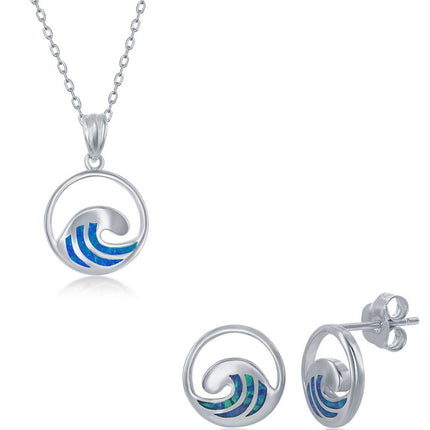 Women's Necklace and Earrings Set - Sterling Blue Inlay Opal Wave | SET-571 ,
