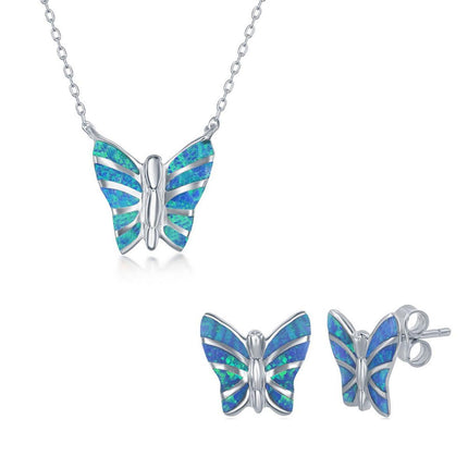 Women's Necklace and Earrings Set - Sterling Blue Opal Butterfly | SET-574 ,