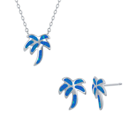 Women's Necklace and Earrings Set - Sterling Blue Opal Palm Tree | SET-570 ,