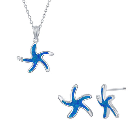 Women's Necklace and Earrings Set - Sterling Blue Opal Starfish | SET-569 ,