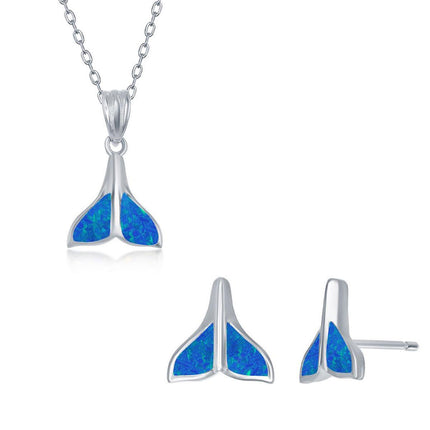 Women's Necklace and Earrings Set - Sterling Blue Opal Whale Tail | SET-573 ,