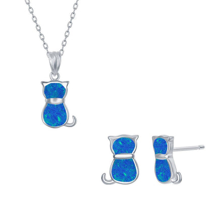 Women's Necklace and Earrings Set - Sterling Silver Blue Opal Cat | SET-577 ,