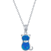 Women's Necklace and Earrings Set - Sterling Silver Blue Opal Cat | SET-577 ,