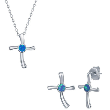 Opalata Women's Necklace and Earrings Set - Sterling Silver Blue Opal Cross | SET-583 ,