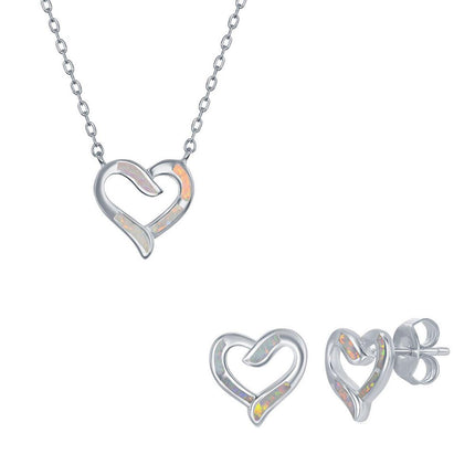 Women's Necklace and Earrings Set - Sterling Silver White Opal Heart | SET-576 ,