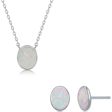 Opalata Women's Necklace and Earrings Set - Sterling White Opal Oval Disc | SET-582 ,