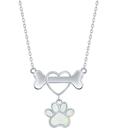 Women's Necklace - Sterling Dog Bone with Heart and White Opal Paw | M-6899 ,