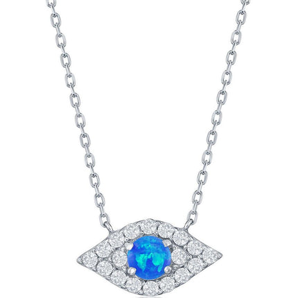 Women's Necklace - Sterling Silver Blue Opal and CZ Evil Eye | M-6882 ,