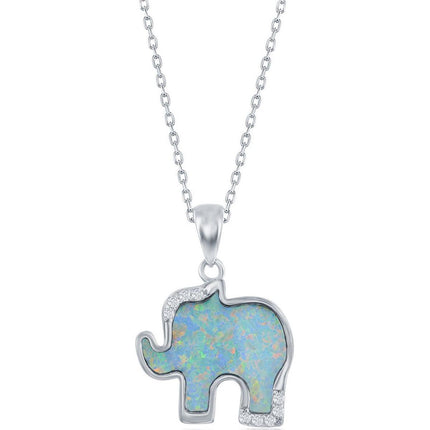 Women's Necklace - Sterling Silver White Inlay Opal and CZ Elephant | M-6866 ,