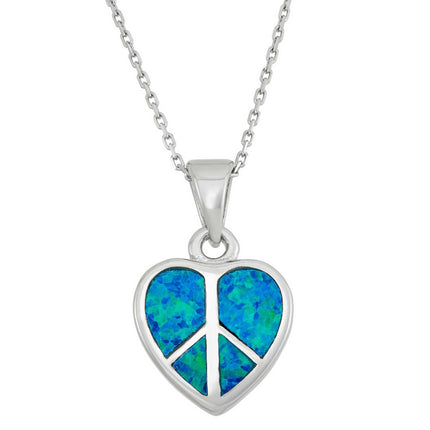 Women's Pendant Sterling Silver Blue Inlay Opal Peace Sign Heart | K-5241 ,