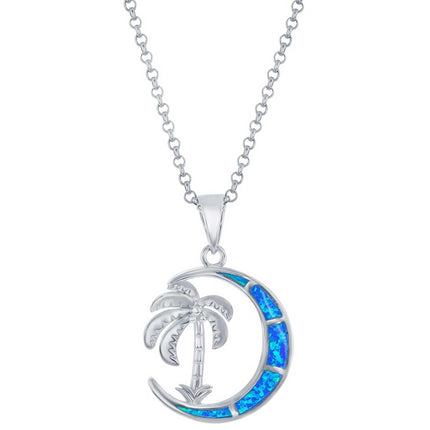 Women's Pendant - Sterling Silver Palm Tree Blue Opal Crescent Moon | K-8706 ,