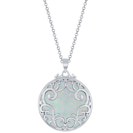 Women's Pendant with Chain - Round Filigree Design Round White Opal | K-8726 ,