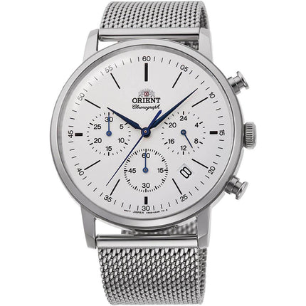 Orient Men's Chronograph Watch - Classic White Dial SS Mesh Bracelet | RA-KV0402S10B ,