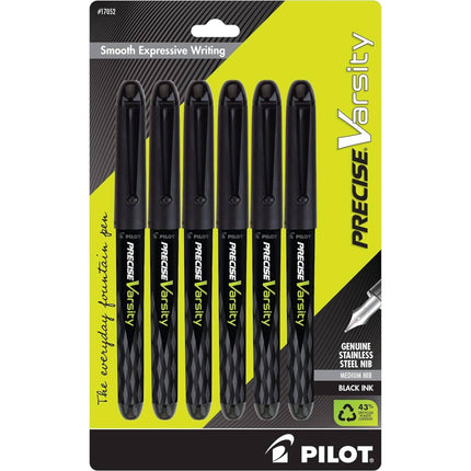 Pilot Fountain Pen - Precise Varsity Black Ink Everyday Medium, Pack of 6 | 17052 ,