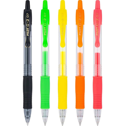 Pilot Gel Pen - G2 Assorted Neon Ink Fine 0.7 mm Retractable, Pack of 5 | 14174 ,