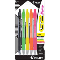 Pilot Gel Pen - G2 Assorted Neon Ink Fine 0.7 mm Retractable, Pack of 5 | 14174 ,