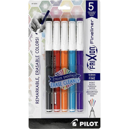 Pilot Marker Pen - Frixion Fineliner 0.6 mm Assorted Erasable, Pack of 5 | 11974 ,