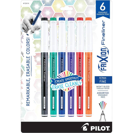 Pilot Marker Pen - Frixion Fineliner 0.6 mm Assorted Erasable, Pack of 6 | 12414 ,