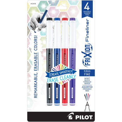 Pilot Marker Pen - Frixion Fineliner 0.6 mm Fine Assorted Erasable, Pack of 4 | 12478 ,
