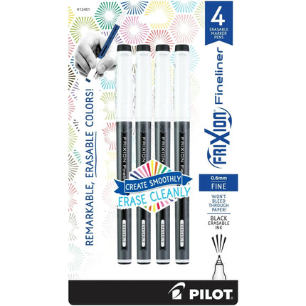 Pilot Marker Pen - Frixion Fineliner 0.6 mm Fine Black Erasable, Pack of 4 | 12461 ,