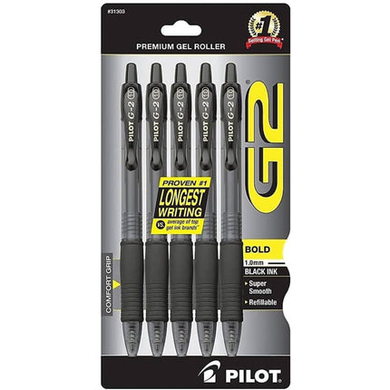 Pilot Rollerball Pen - G2 Bold Point Retractable Black Gel Ink, Pack of 5 | 31303 ,