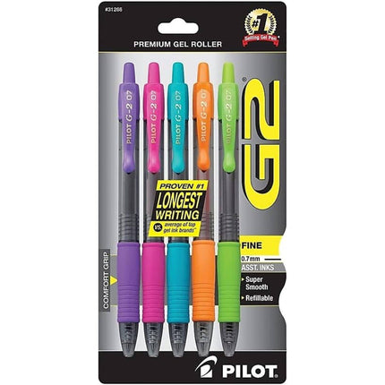Pilot Rollerball Pen - G2 Fine Point Premium Assorted Gel Inks, Pack of 5 | 31266 ,
