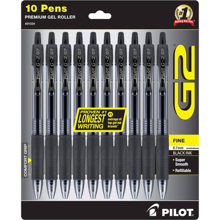 Pilot Rollerball Pen - G2 Premium Black Gel Plastic Refillable, Pack of 10 | 31024 ,