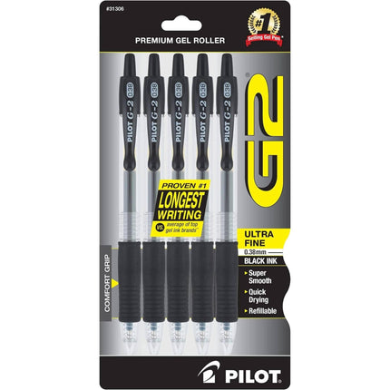 Pilot Rollerball Pen - G2 Ultra Fine Point Gel Ink Retractable, Pack of 5 | 31306 ,