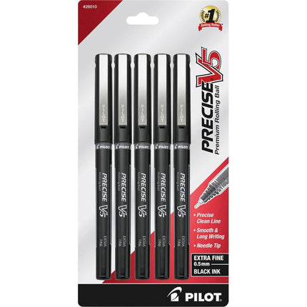 Pilot Rolling Ball Pen - Precise V5 Liquid Ink Black Extra Fine, Pack of 5 | 26010 ,