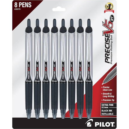 Pilot Rolling Ball Pen - Precise V5 RT Retractable Silver Metal, Pack of 8 | 26079 ,