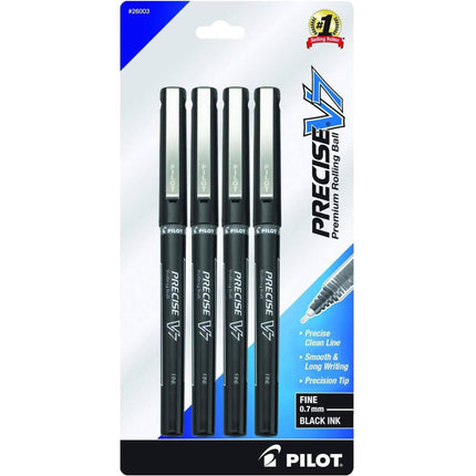 Pilot Rolling Ball Pen - Precise V7 Premium Black Liquid Ink, Pack of 4 | 26003 ,