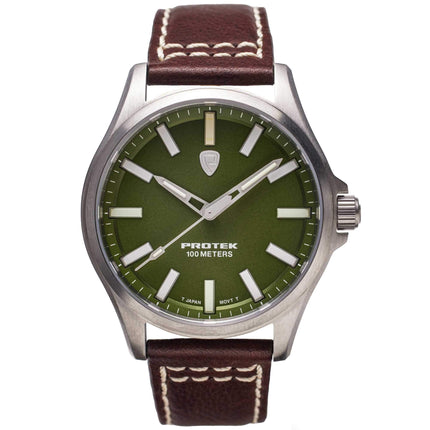 Protek Unisex Watch - Field Series Japanese Quartz Green Dial Leather Strap | 3005 ,