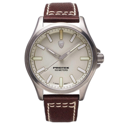 Protek Unisex Watch - Field Series Japanese Quartz Ivory Dial Leather Strap | 3004 ,