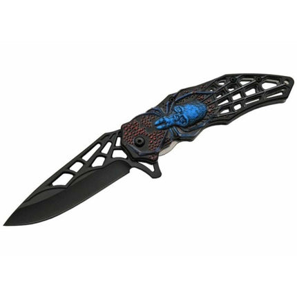 Rite Edge Folding Knife- 4.5 inch Black Blade Blue Web Skull Handle | SZ300451-BL ,