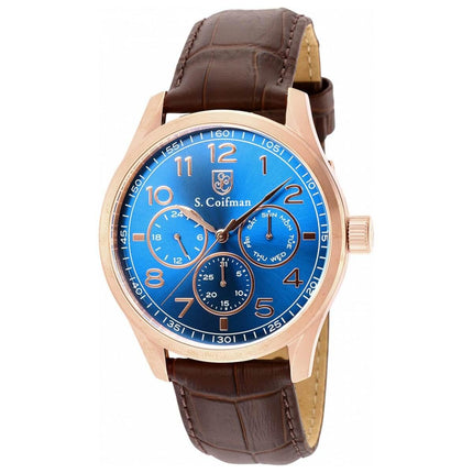 S. Coifman Men's Quartz Watch - Day-Date Blue Dial Brown Leather Strap | SC0506 ,