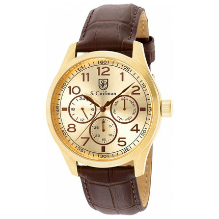 S. Coifman Men's Quartz Watch - Day-Date Champagne Dial Brown Leather Strap | SC0505 ,