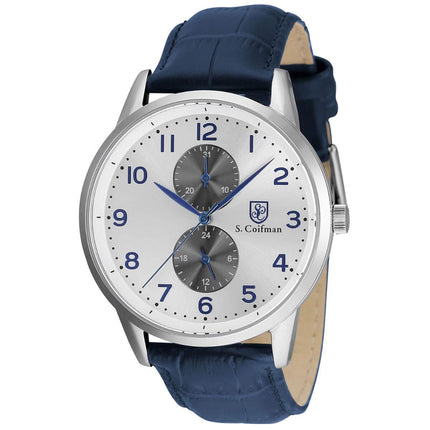 S. Coifman Men's Quartz Watch - Grey and Silver Tone Dial Blue Leather Strap | SC0488 ,