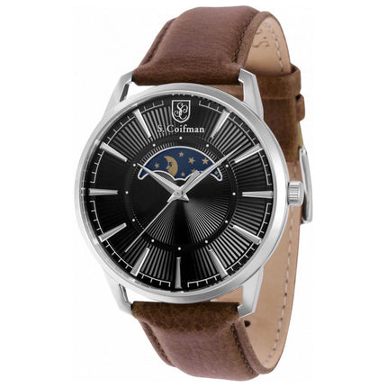 S. Coifman Men's Quartz Watch - Moonphase Black Dial Brown Leather Strap | SC0493 ,