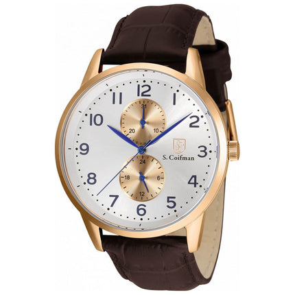 S. Coifman Men's Quartz Watch - Rose Gold and Silver Tone Dial Brown Strap | SC0491 ,